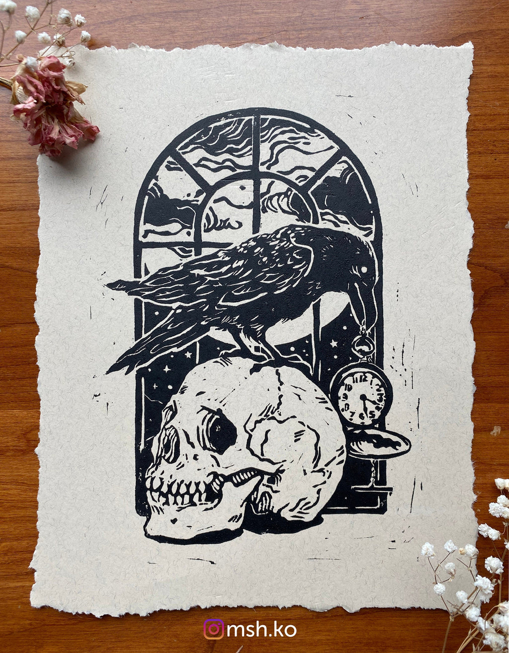 The Raven · 8x11 · linocut linoleum print