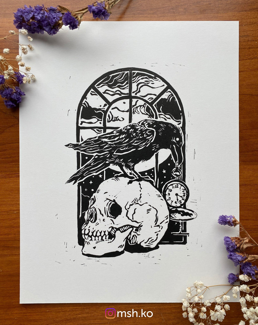 The Raven · 8x11 · linocut linoleum print