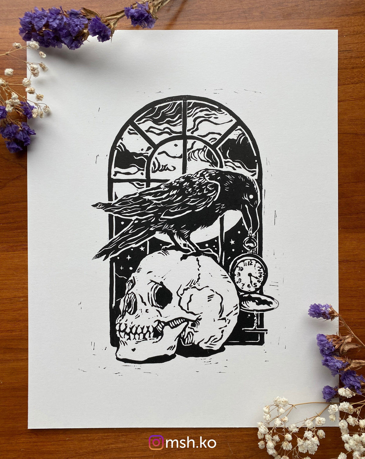 The Raven · 8x11 · linocut linoleum print