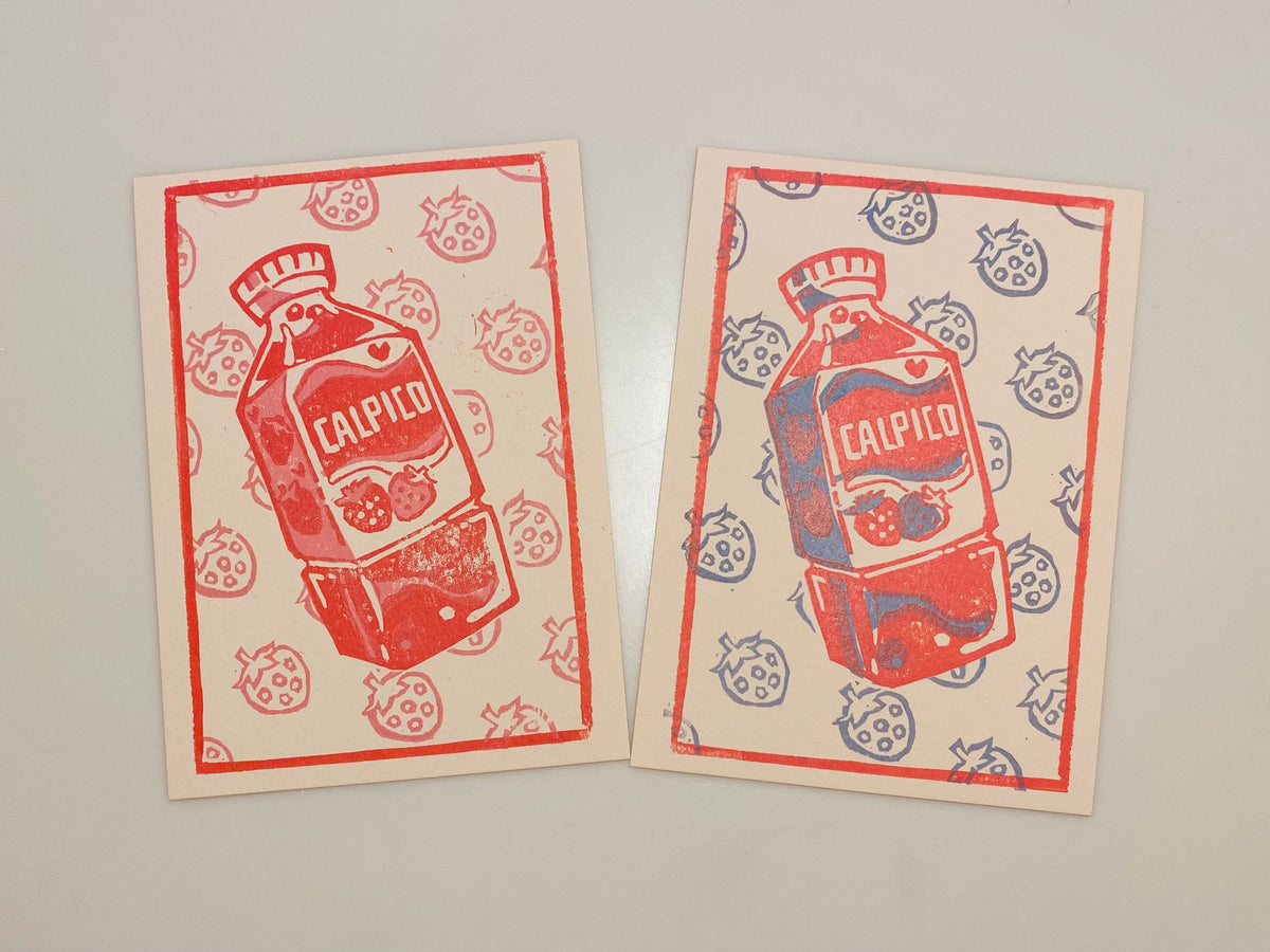 Calpico postcard · linocut print