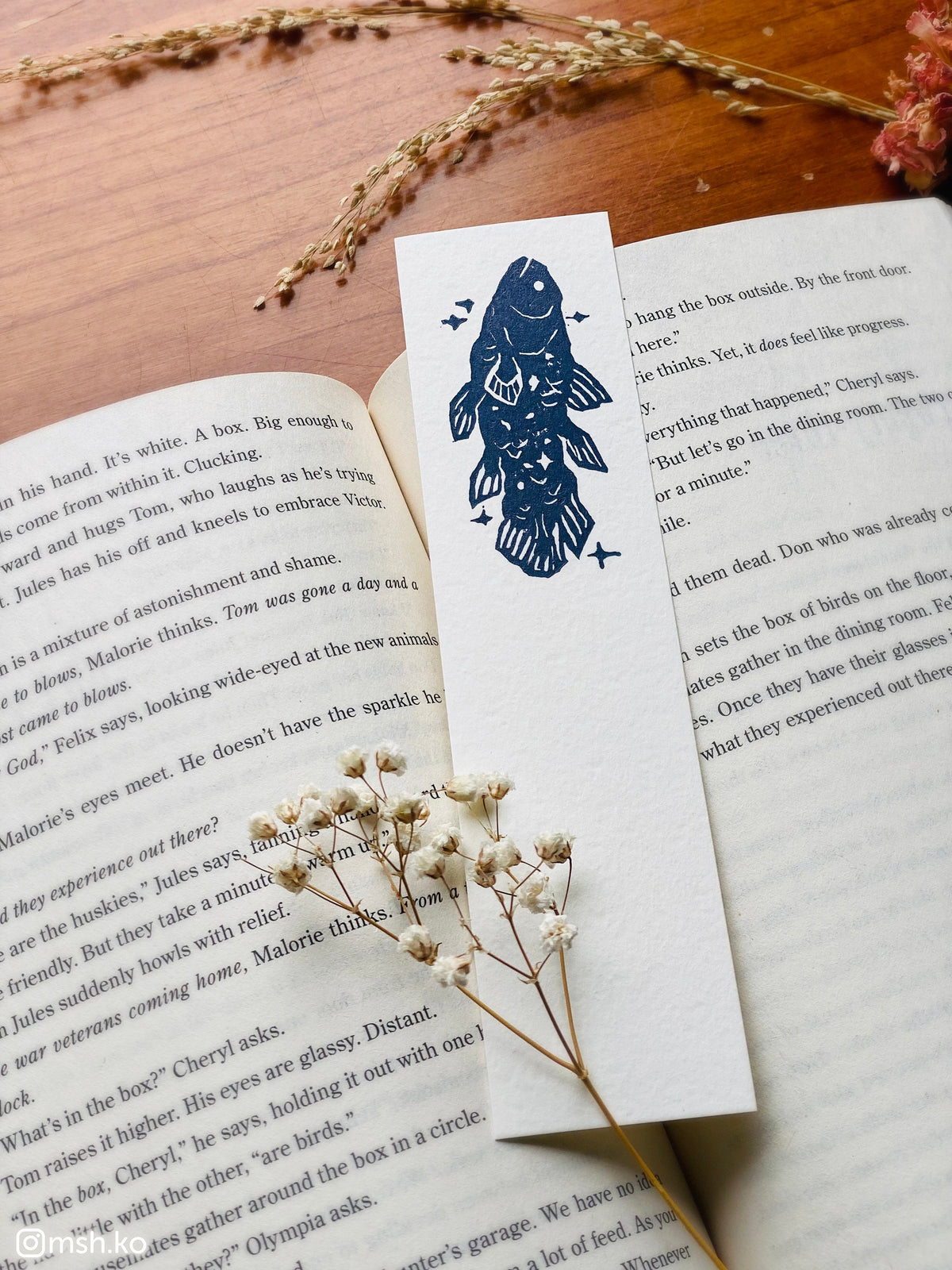 Nautical handmade bookmarks · linocut print · coelacanth