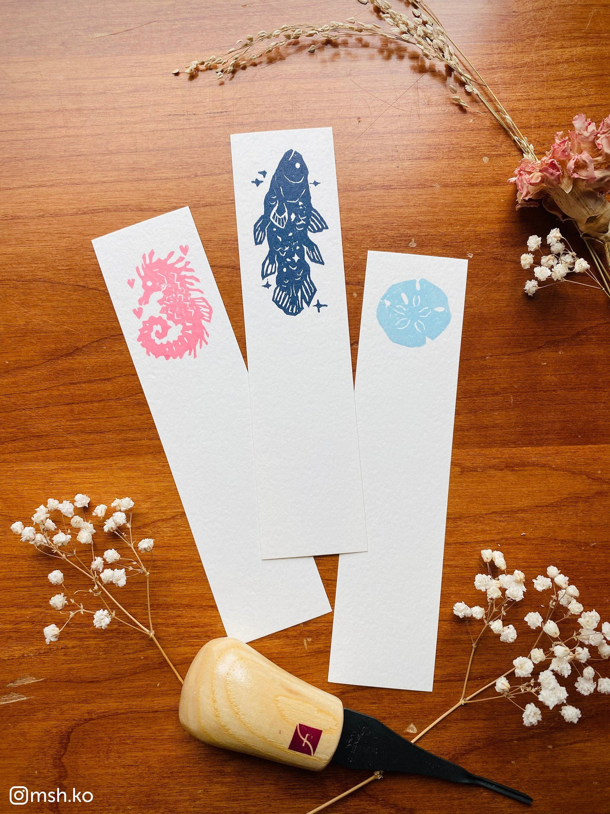 Nautical handmade bookmarks · linocut print · coelacanth