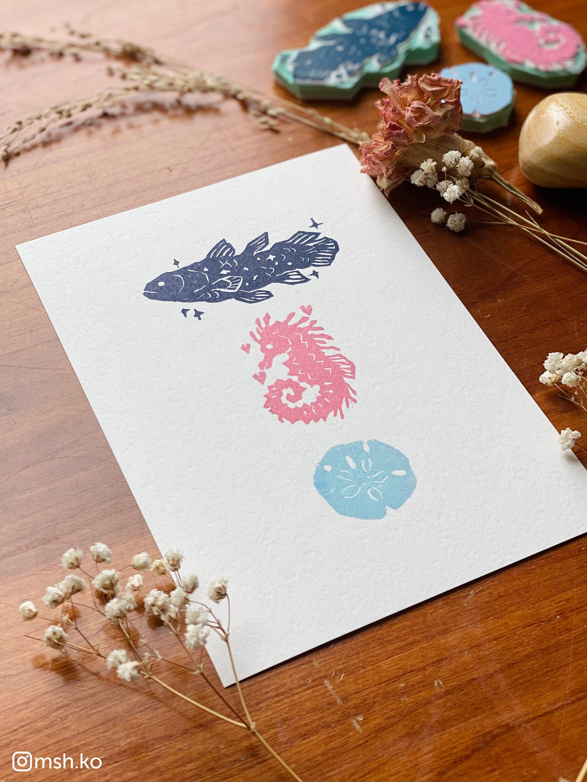 Nautical handmade postcard · linocut print · coelacanth
