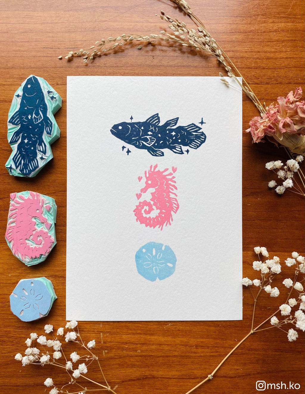 Nautical handmade postcard · linocut print · coelacanth