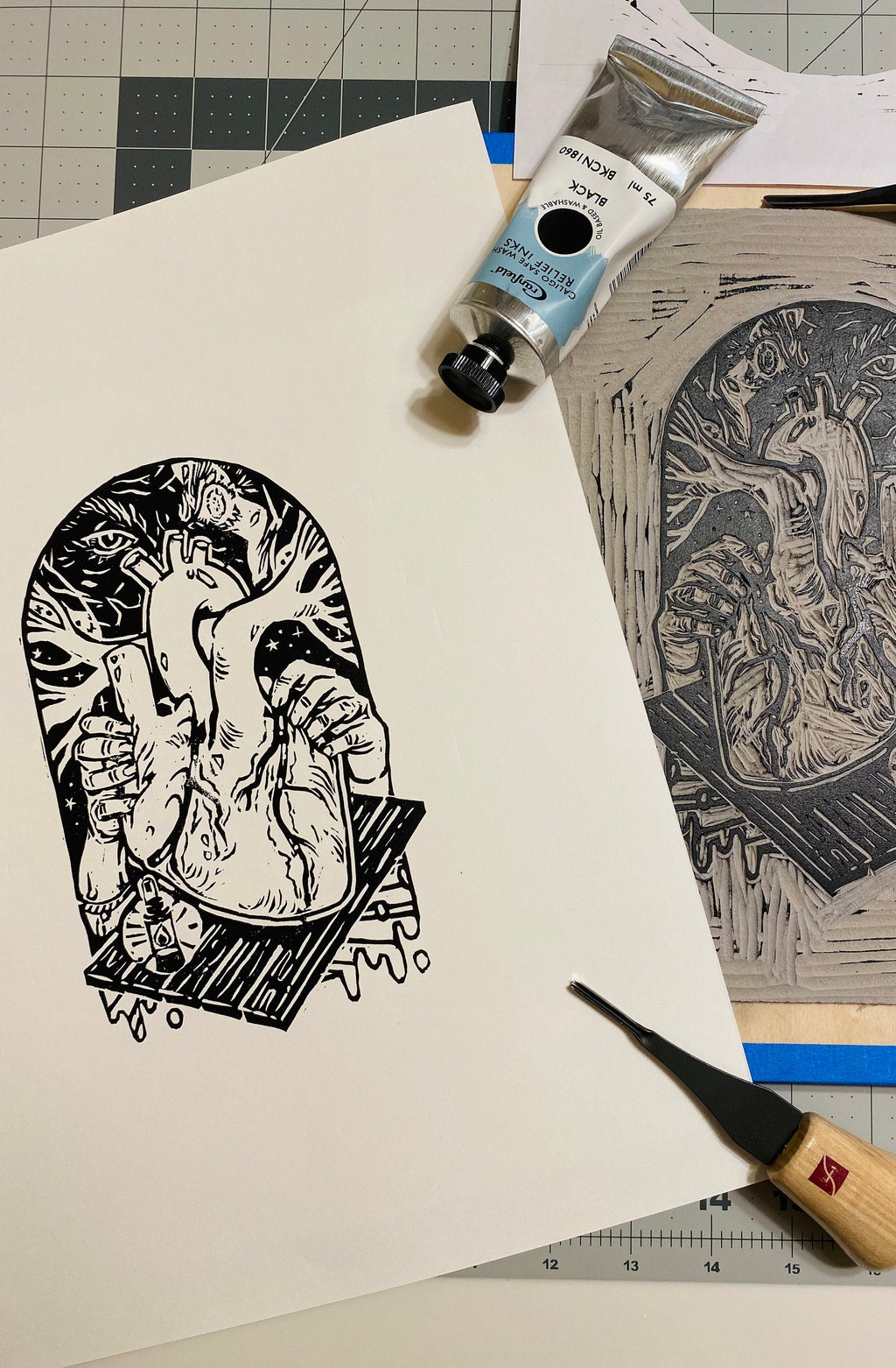 Telltale Heart · 8x11 · linocut linoleum print