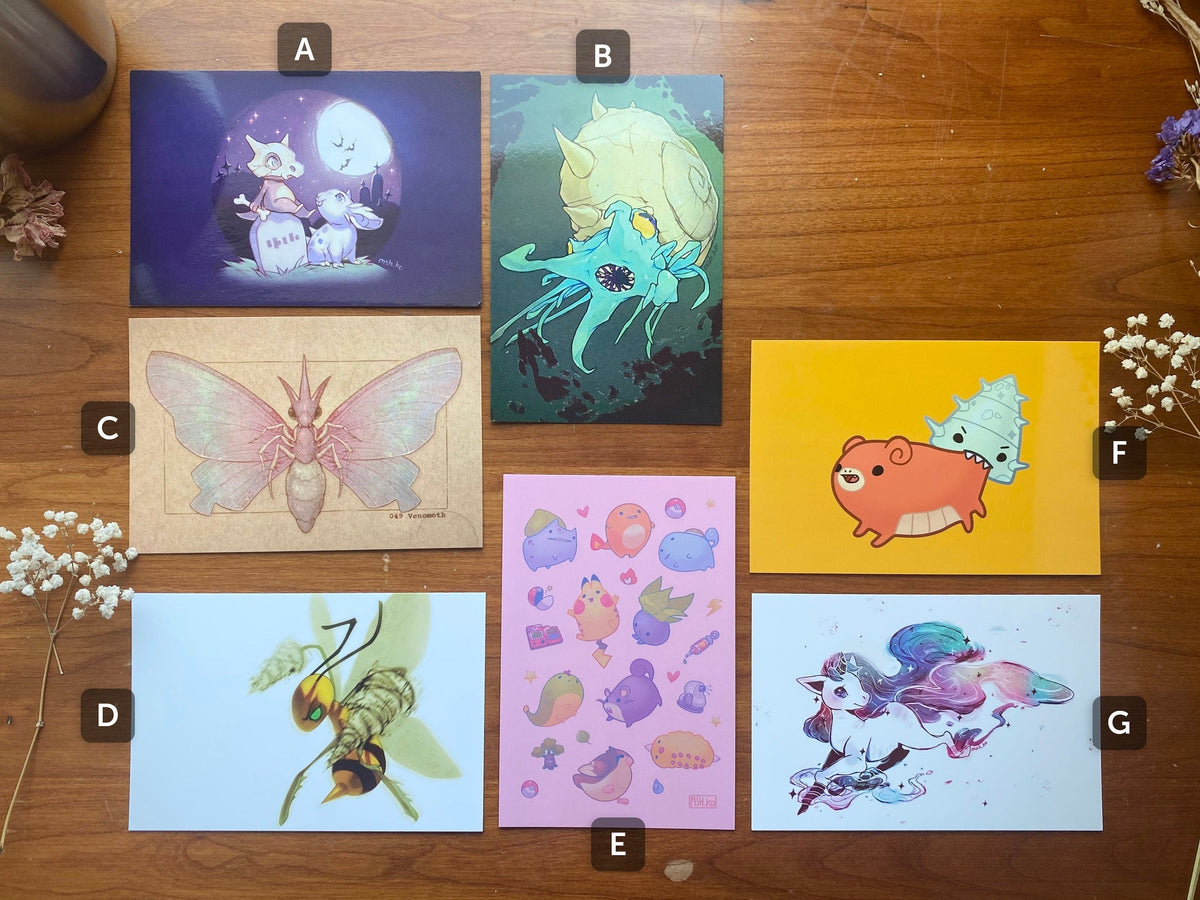May include: Set of 10 illustrated postcards featuring various creatures and designs. The postcards are printed on high-quality cardstock and are perfect for sending a unique message to a friend or loved one.