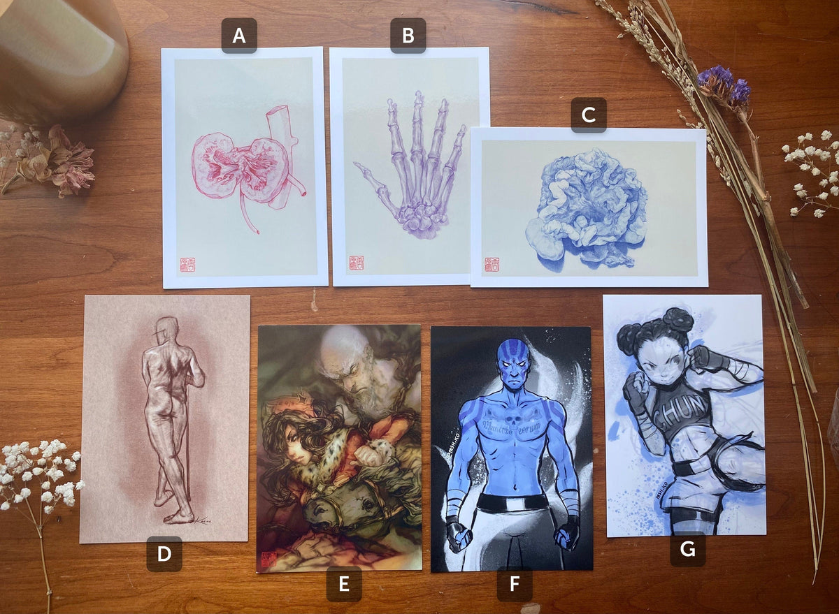 May include: A set of 8 art prints featuring various illustrations. The prints are on white cardstock with a white border. The illustrations include a human anatomy drawing, a hand skeleton, a blue flower, a figure drawing, a fantasy illustration, a blue superhero, and a female figure in a fighting pose.